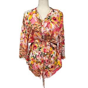 Isaac Mizrahi Live Patchwork Floral Tie Waist Button Front Top 3/4 Sleeve